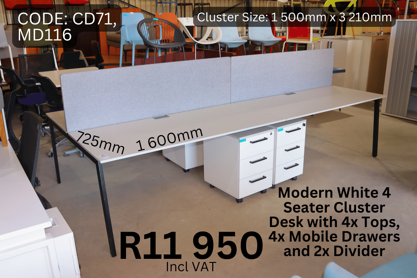Modern 4 Seater Cluster Desk with 4 x Mobile Drawers and 2 x Dividers