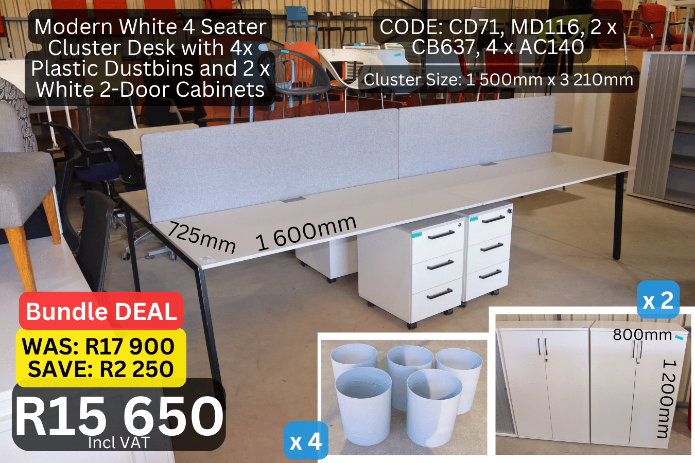 Used Modern White Cluster Desk with 2x Tops, 2x Mobile Drawers and 1x Divider, Quality Pre-Loved 2 Seater Working Station