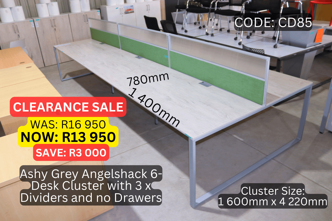 Used 6 Seater Cluster Desk with Green Dividers, Second Hand 6 Seater Workstation, Open Concept Workstation