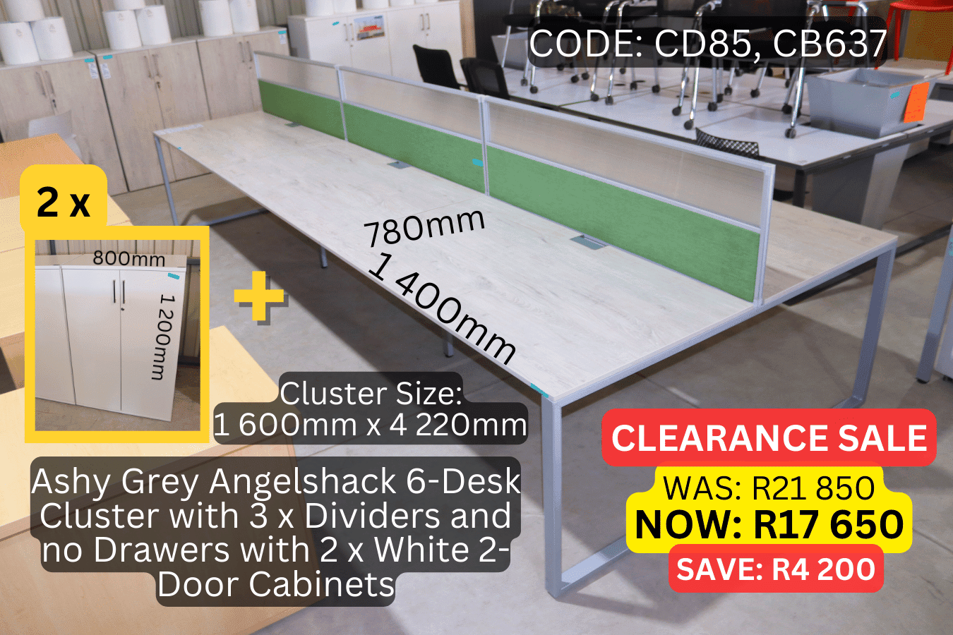 Used 6 Seater Cluster Desk with Green Dividers, Second Hand 6 Seater Workstation, Open Concept Workstation