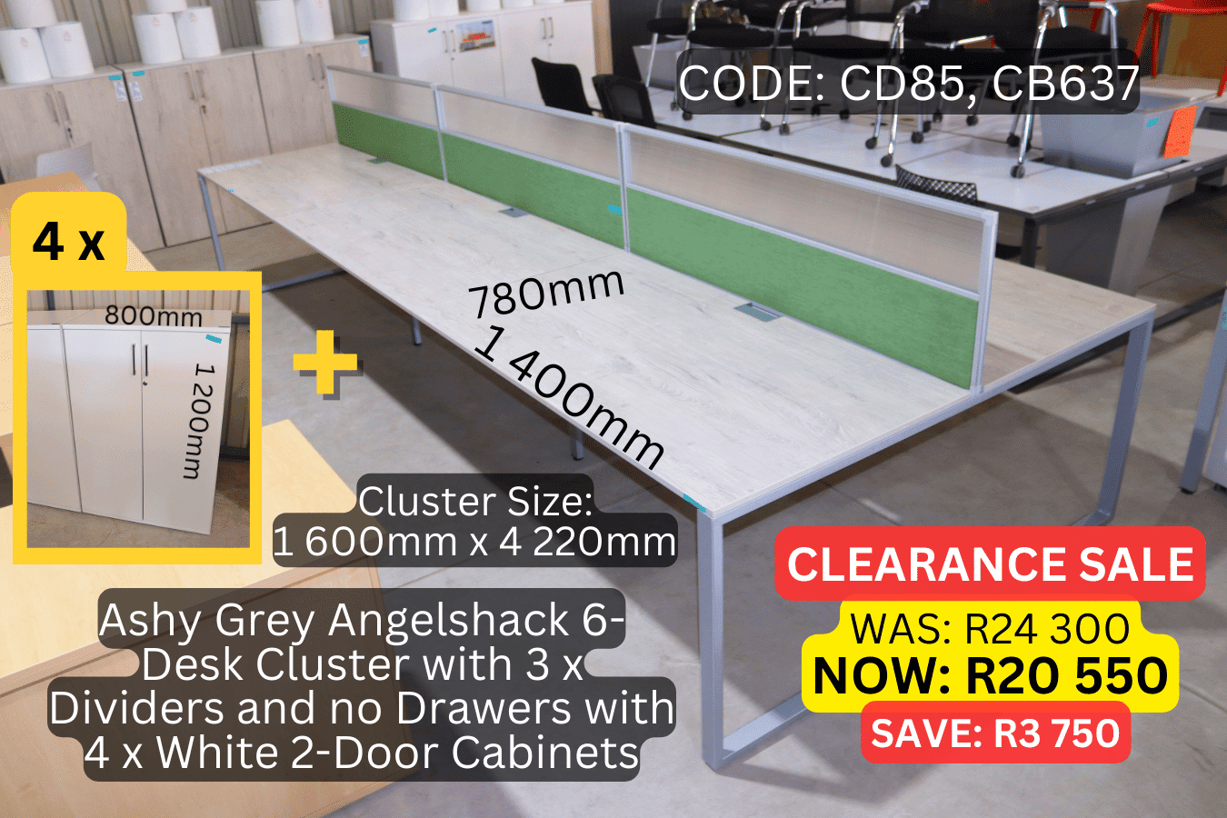 Used 6 Seater Cluster Desk with Green Dividers, Second Hand 6 Seater Workstation, Open Concept Workstation (3)