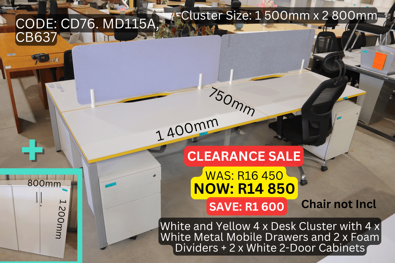 White and Yellow 4 x Desk Cluster with 4 x White Metal Mobile Drawers and 2x Foam Dividers + 2x White 2-Door Cabinets