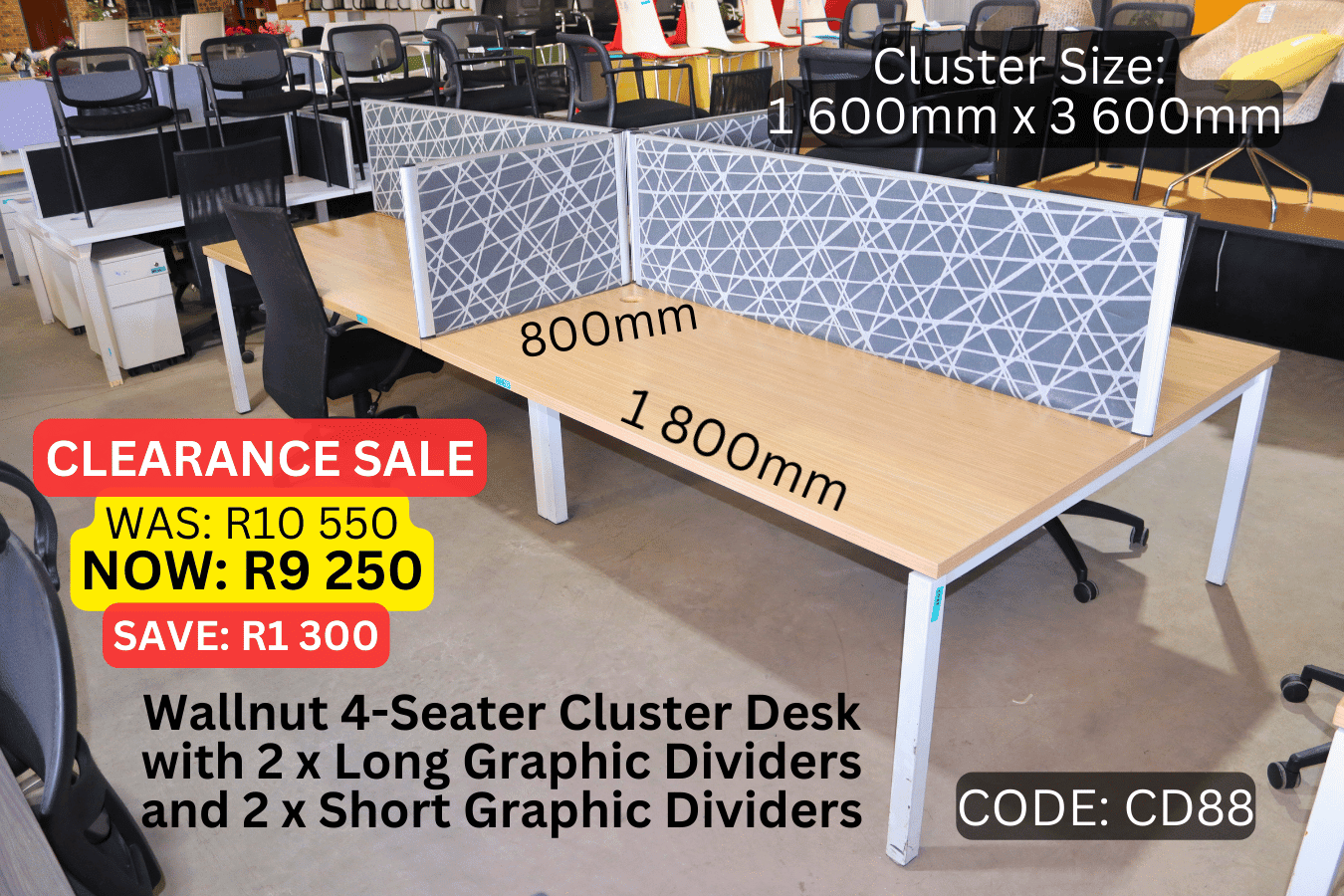Used Modern 4 Seater Clusters with Graphic Dividers, Second Hand 4 Seater Workstations
