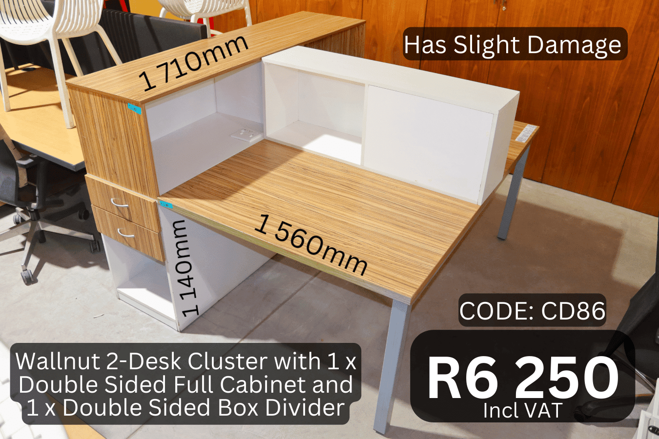 Wallnut 2-Desk Cluster with 1 x Double Sided Full Cabinet and 1 x Double Sided Box Divider