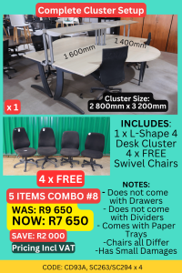 Second hand cluster desk and chair combo deal supplied by HNA Office Furniture in Gauteng.