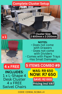 Used cluster desk and chair combo deal supplied by HNA Office Furniture in Gauteng.