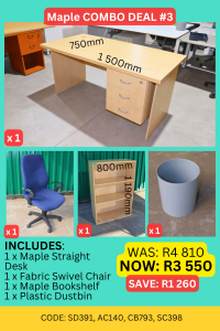 Quality second hand maple straight desk combo supplied by HNA Office Furniture in Gauteng.