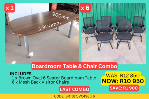 Stylish second hand brown 6 seater boardroom table combo supplied by HNA Office Furniture in Gauteng.