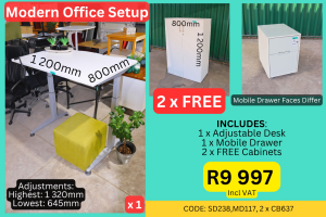 Modern second hand straight desk office set up supplied by HNA Office Furniture in Wadeville, Germiston.