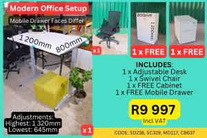 Modern used adjustable desk office set up supplied by HNA Office Furniture in Wadeville, Germiston.