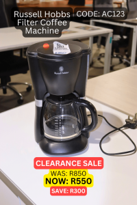 Second hand russell hobbs filter coffee machine sold by HNA Office Furniture in Wadeville, Germiston.