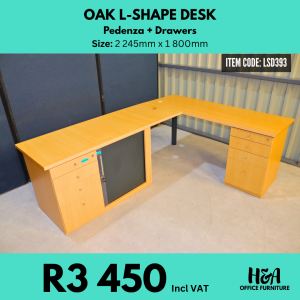 LSD393 OAK-L-SHAPE-DESK-WITH-PEDENZA-AND-DRAWERS